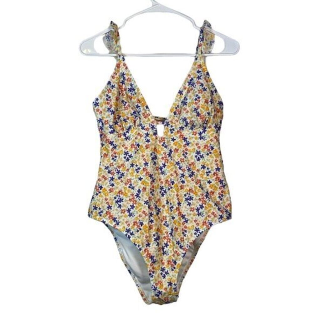 Shade & Shore Swimsuit Floral Spring Ruffle Strap Plunge Size Med EUC #0569-OC